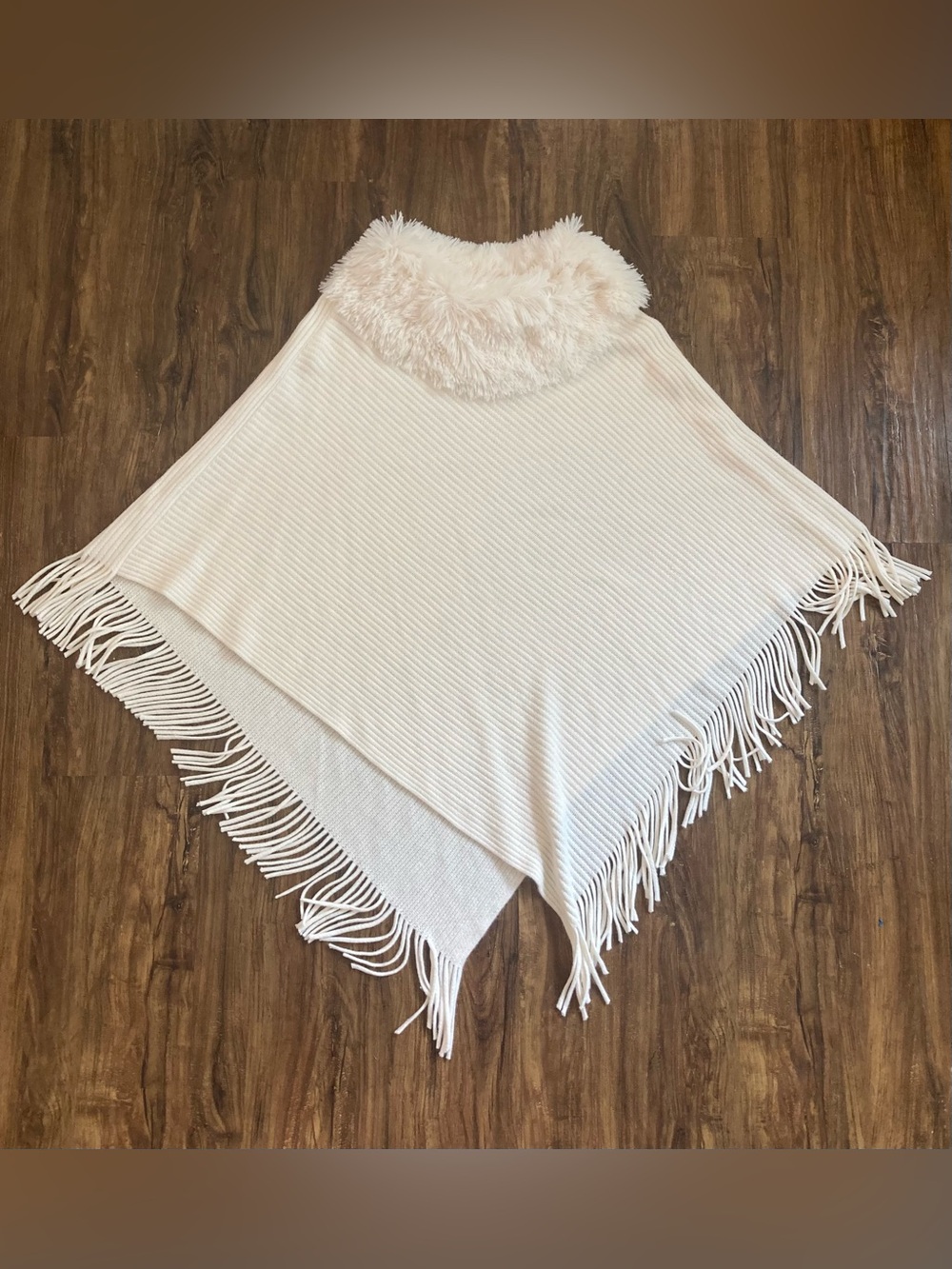 Cozy Cream Fringe Poncho with Faux Fur Collar Women’s One Size